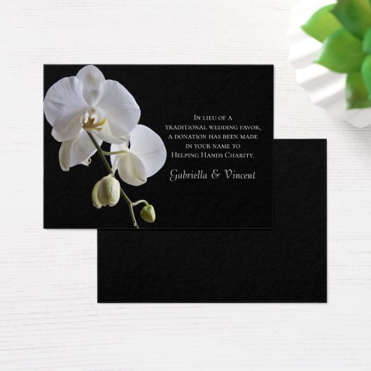 White Orchid on Black Charity Wedding Favor Card Visitekaartjes (Bureau)