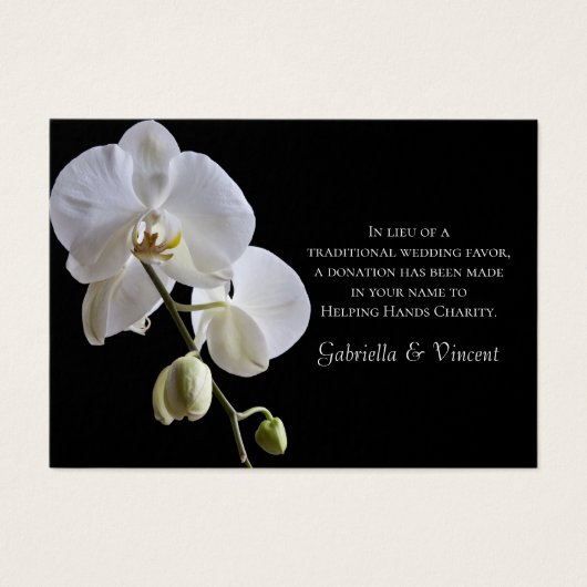 White Orchid on Black Charity Wedding Favor Card Visitekaartjes (Voorkant)