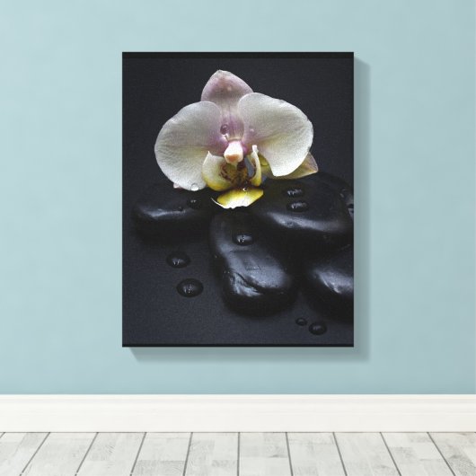 White Orchid on Black Stones Canvas Afdruk (Insitu (Houten vloer))