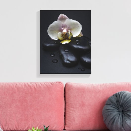 White Orchid on Black Stones Canvas Afdruk (Insitu (Woonkamer))