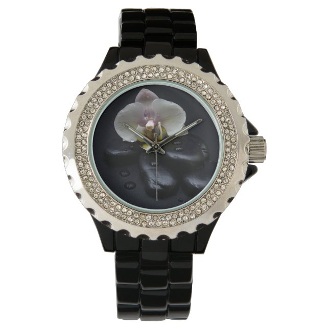 White Orchid on Black Stones Horloge (Voorkant)