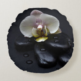 White Orchid on Black Stones Rond Kussen