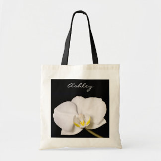 White Orchid on Black Tote Bag
