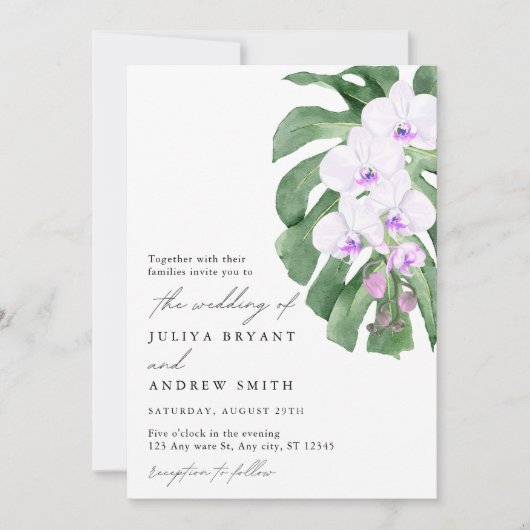 White Orchid on Tropical leaf script wedding Kaart (Voorkant)