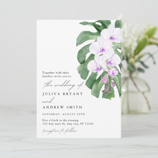 White Orchid on Tropical leaf script wedding Kaart (Staand voorkant)
