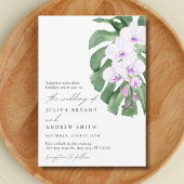 White Orchid on Tropical leaf script wedding Kaart