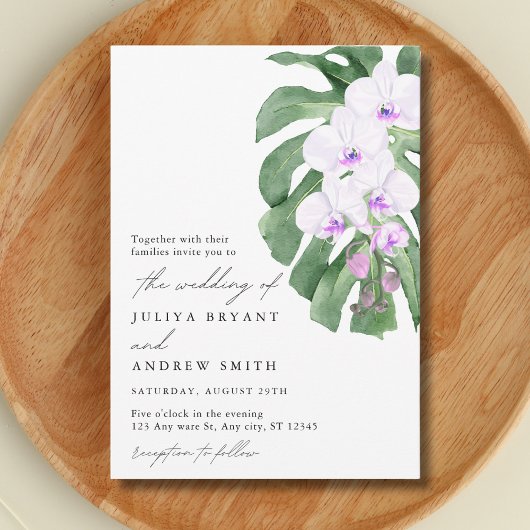 White Orchid on Tropical leaf script wedding Kaart