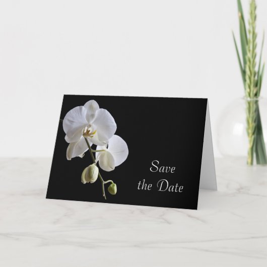 White Orchid op Black Wedding Save the Date Aankondiging (Voorkant)