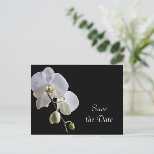 White Orchid op Black Wedding Save the Date Aankondigingskaart (Staand voorkant)