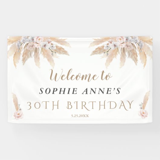 White Orchid Pampas Grass Birthday Welcome Sign Spandoek (Horizontaal)