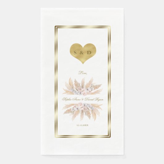 White Orchid Pampas Grass Rozen Monogram Weddensch Servet (Voorkant)