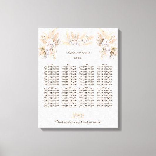 White Orchid Pampas Grass Wedding Seding Chart Canvas Afdruk (Voorkant)
