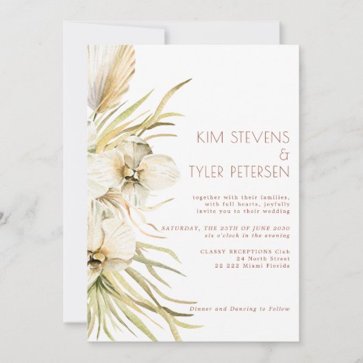 White orchid pampas modern boho bruiloft kaart (Voorkant)