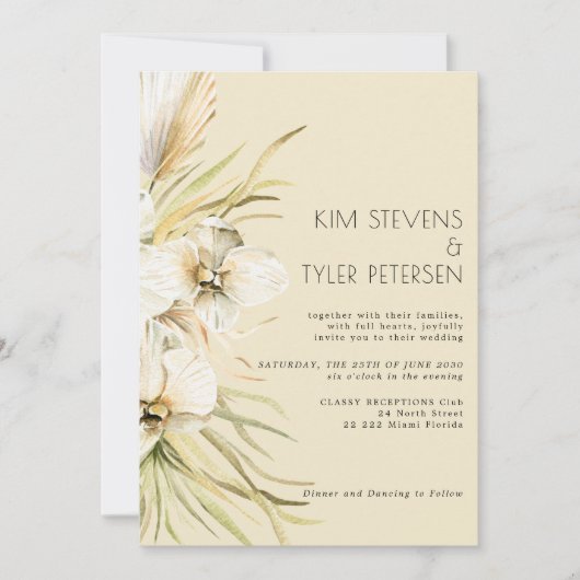 White orchid pampas modern boho bruiloft kaart (Voorkant)