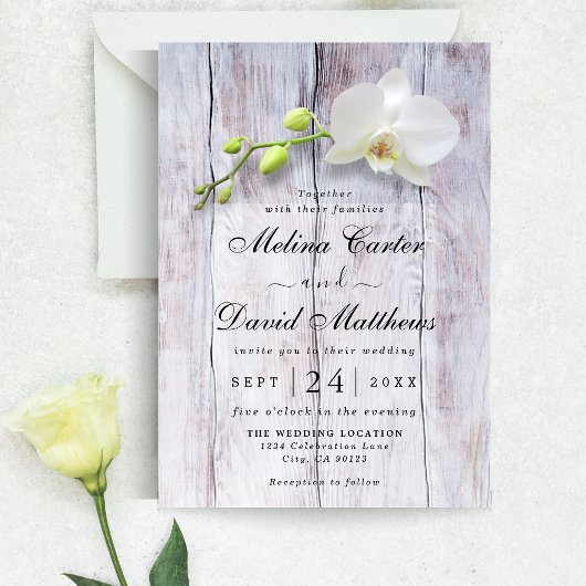 White Orchid Wooden Background Weduwen Uitnodiging