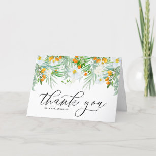White Orchids and Kumquat Floral Tropical Wedding Bedankkaart