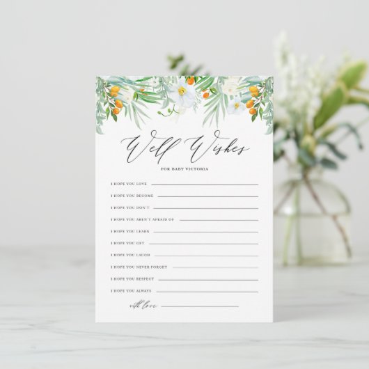 White Orchids and Kumquats Baby shower Well Wishes Informatiekaartje (Staand voorkant)