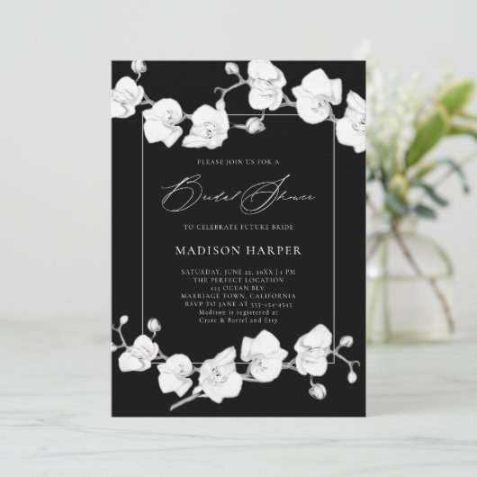 White Orchids Black Graphite Sketch Vrijgezellenfe Kaart (Staand voorkant)