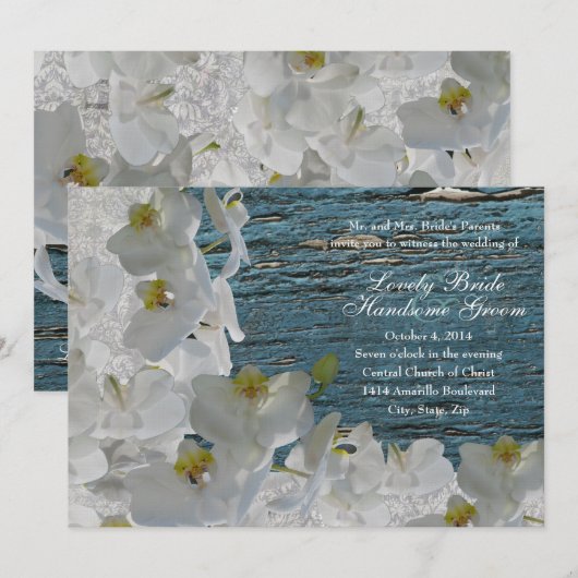White Orchids Blue Wood Damask Weduwuitnodiging Kaart (Voorkant / Achterkant)