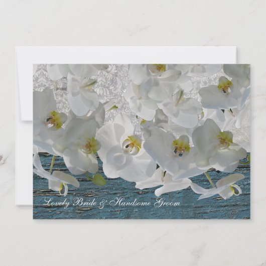 White Orchids Blue Wood Damask Weduwuitnodiging Kaart (Achterkant)