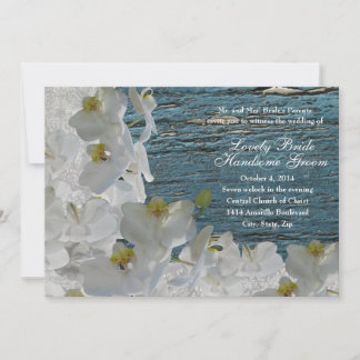 White Orchids Blue Wood Damask Weduwuitnodiging Kaart