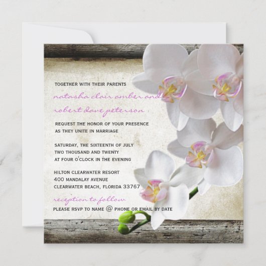 White Orchids Chic Elegant Country Wedding Invites Kaart (Voorkant)