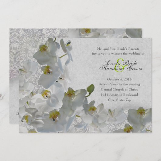 White Orchids Damask Wedding Invitation Kaart (Voorkant / Achterkant)