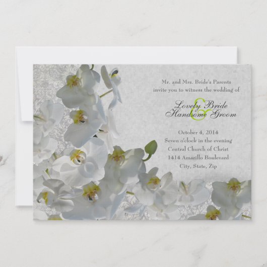 White Orchids  Damask Wedding Invitation Kaart (Voorkant)
