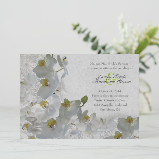 White Orchids  Damask Wedding Invitation Kaart (Staand voorkant)