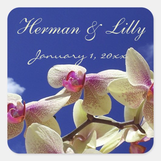 White Orchids en Blue Sky Personalized Wedding Vierkante Sticker (Voorkant)