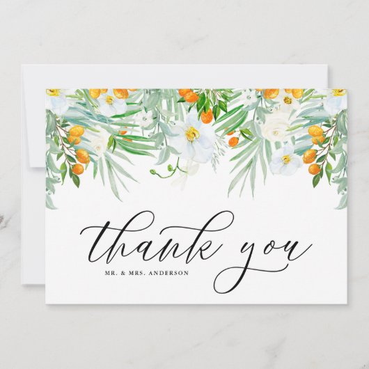 White Orchids en Kumquat Garland Tropical Wedding Bedankkaart (Voorkant)