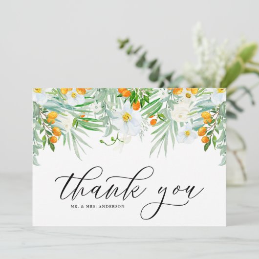 White Orchids en Kumquat Garland Tropical Wedding Bedankkaart (Staand voorkant)