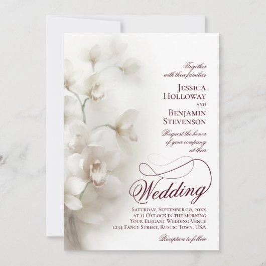 White Orchids Fancy Script QR Code Wedding Kaart (Voorkant)