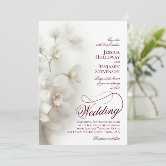 White Orchids Fancy Script QR Code Wedding Kaart (Staand voorkant)