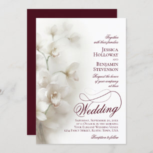 White Orchids Fancy Script QR Code Wedding Kaart