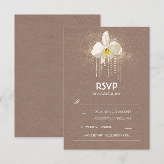 White Orchids Gold Glam Wedding RSVP Kaart (Voorkant / Achterkant)