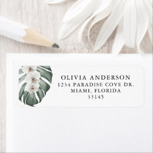 White Orchids on Monstera Tropical Floral Etiket