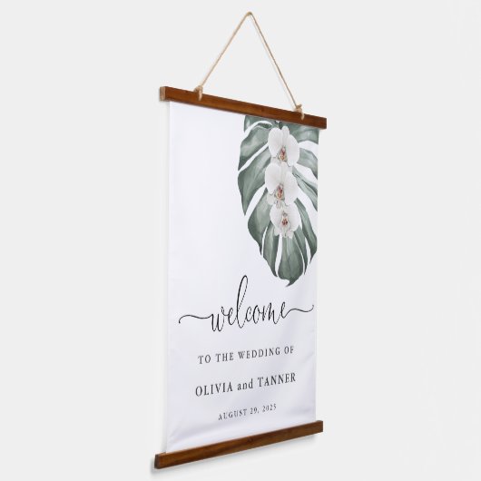 White Orchids on Monstera Tropical Weddenschap Wel Hangend Wandkleed (Gebogen)