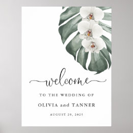 White Orchids on Monstera Tropical Weddenschap Wel Poster