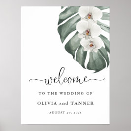 White Orchids on Monstera Tropical Weddenschap Wel Poster