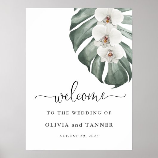 White Orchids on Monstera Tropical Weddenschap Wel Poster (Voorkant)