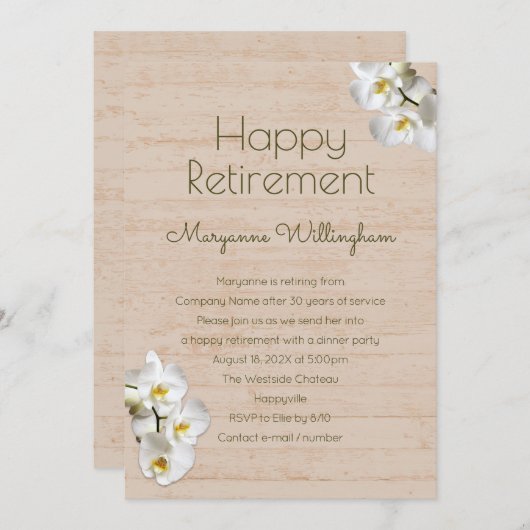 White Orchids Rustic Retirement Party Uitnodiging (Voorkant / Achterkant)