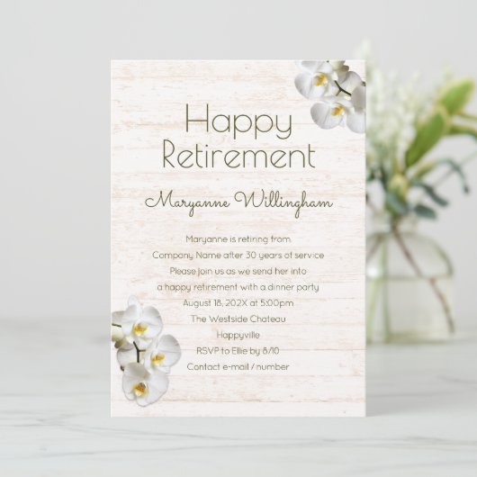 White Orchids Rustic Retirement Party Uitnodiging (Staand voorkant)