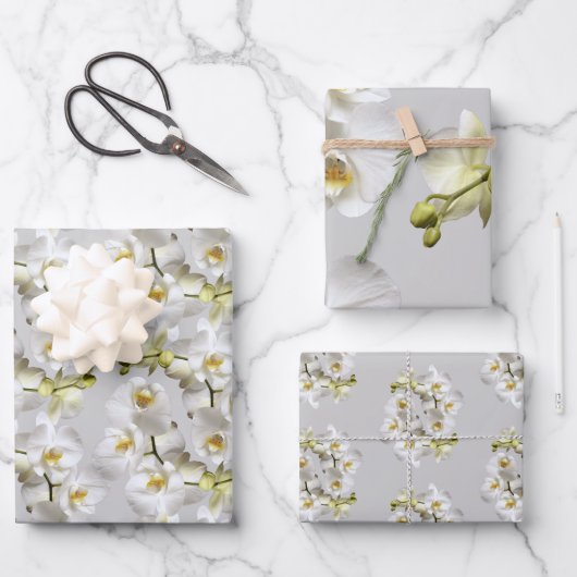 White Orchids Silver Grey Wrapping Paper Sheets (Voorkant)