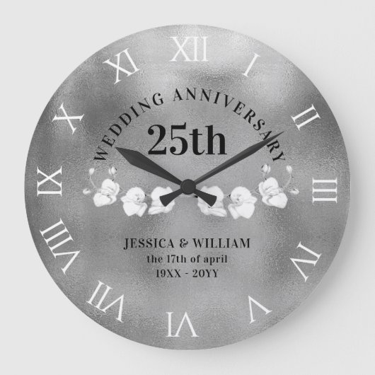 White Orchids Silver Wedding Jubileum Keepslag Grote Klok (Voorkant)