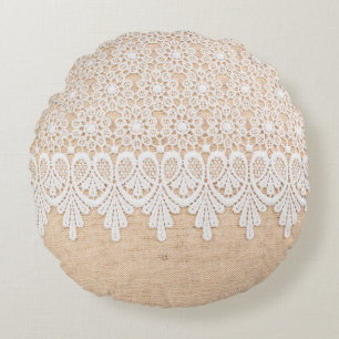 White Ornamental Lace over fabric design Rond Kussen