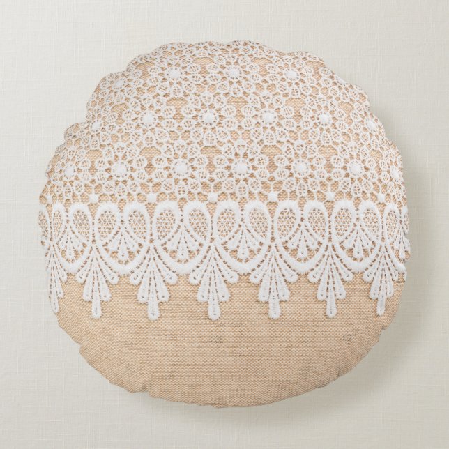 White Ornamental Lace over fabric design Rond Kussen (Voorkant)