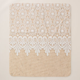 White Ornamental Lace over fabric design Sherpa Deken