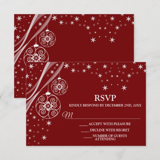 White Ornaments Stars Red Elegant RSVP Kaartje (Voorkant / Achterkant)
