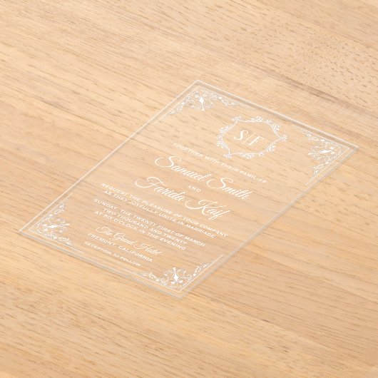 White Ornate Monogram Wedding Acryl Uitnodigingen (Laagn)